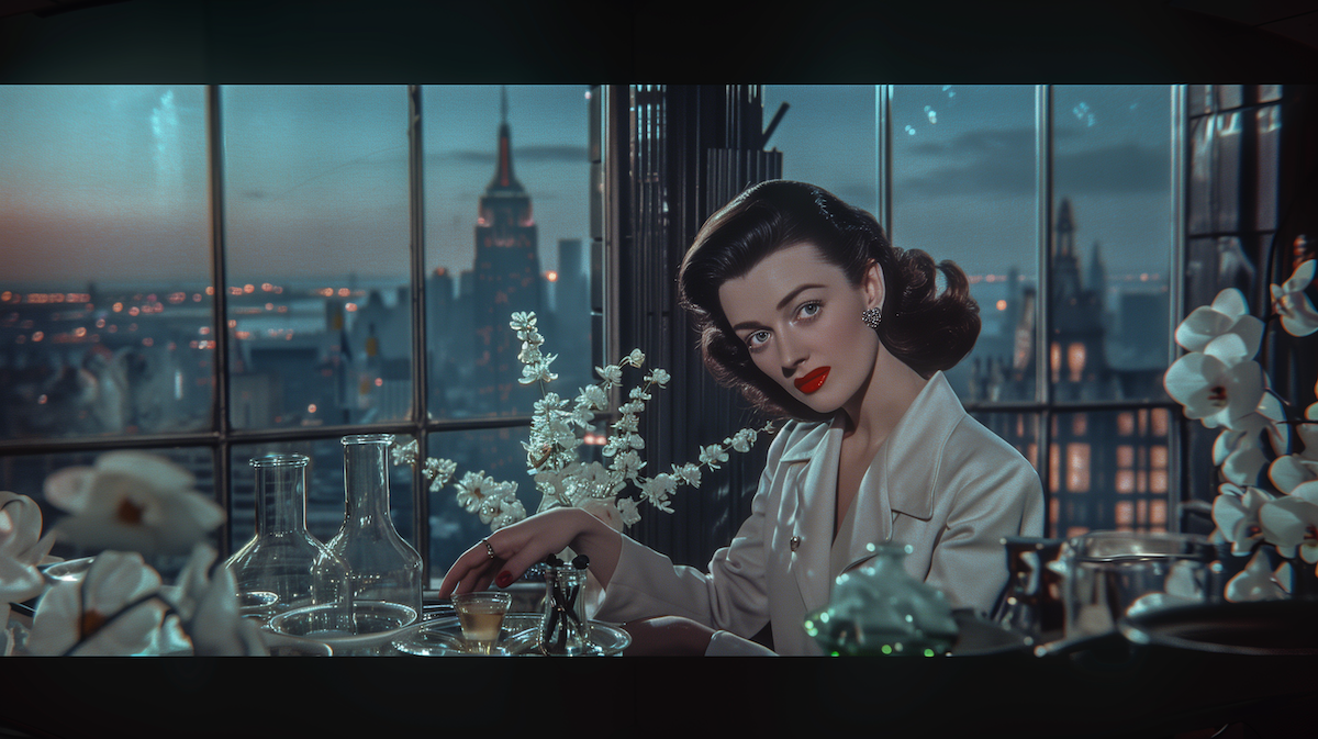 an illustration of flowers and lab equipment in front of a window overlooking skyline of new york city