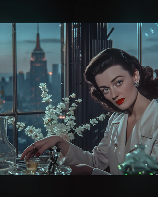 an illustration of flowers and lab equipment in front of a window overlooking skyline of new york city